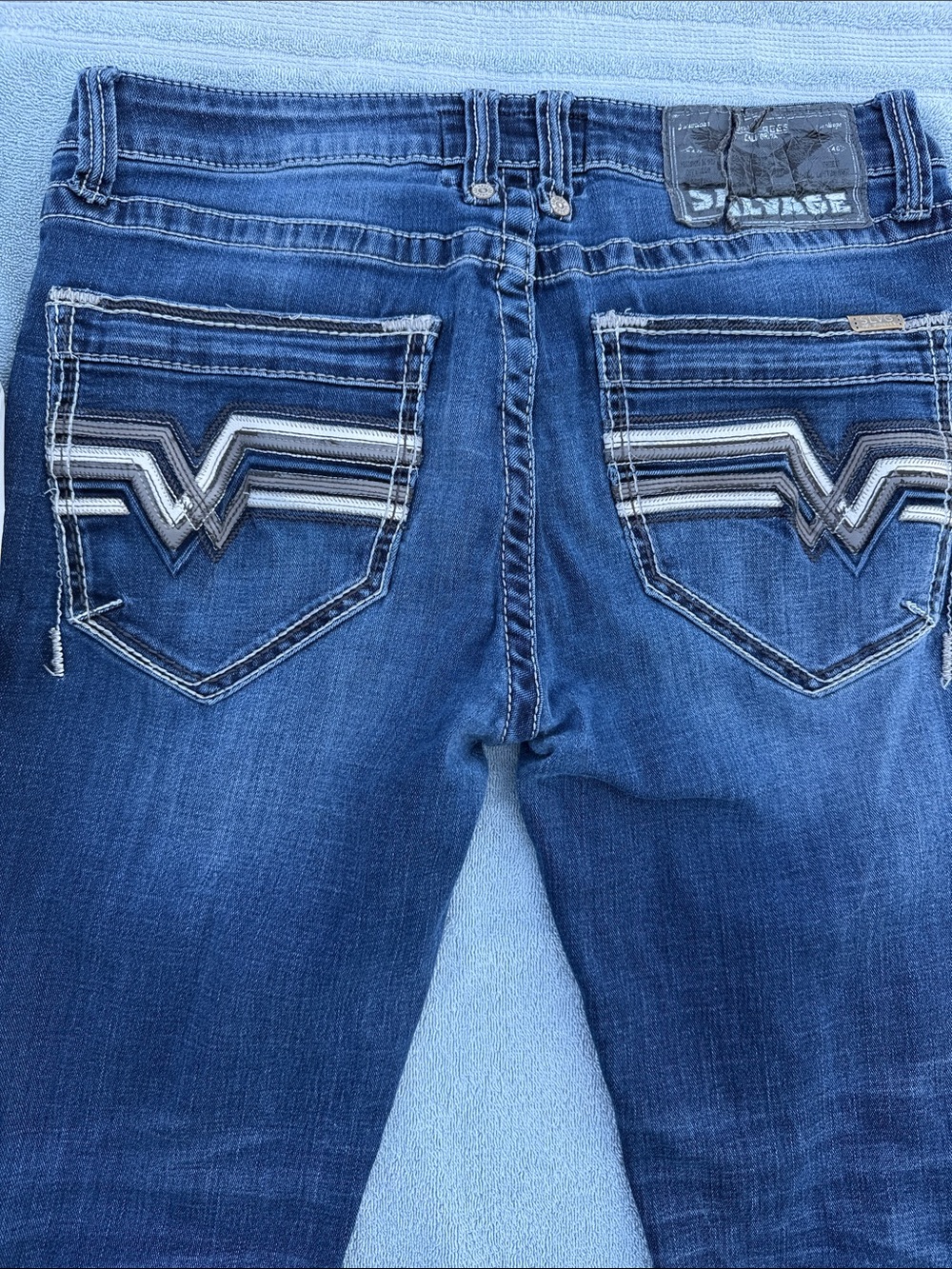 Salvage Men's Dark Blue Skinny Jeans with Striped Embroidered Back Pockets